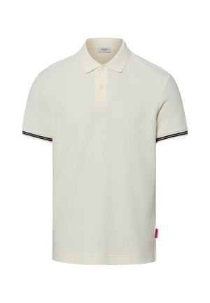 Kurzärmeliges cremefarbenes Poloshirt mit geknöpfter Blende, strukturierter Stoff, schwarz-weiß gestreifte Ärmelbündchen und kleinem rotem Seitenschild.