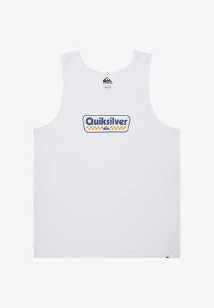 Biely bavlnený tielko s okrúhlym výstrihom. V strede sa nachádza modro-žlté logo "Quiksilver". Jednoduchý a nenápadný dizajn.