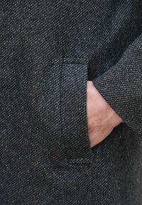 Mörk texturerad tygkappa med en bröstficka; synlig hand inskjuten i fickan, vilket visar vävstrukturen och sömnadsdetaljer.