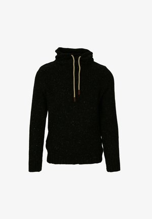 Czarny dzianinowy sweter z długimi rękawami i beżowymi sznurkami na wysokim kołnierzu na białym tle.
