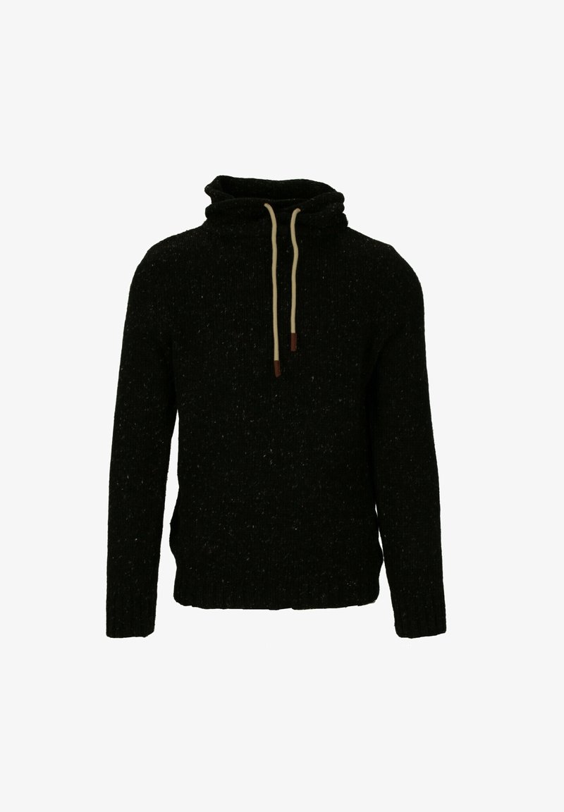 Pull-over en tricot noir avec manches longues et cordons beiges sur le col haut, sur fond blanc.