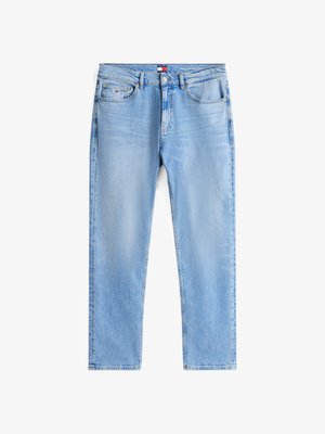Světle modré džíny s rovnými nohavicemi, předními kapsami, poutky na opasek, zapínáním na knoflík a malým logem značky na drobné kapse.