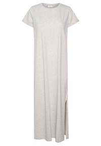 Szara, krótko rękawowa sukienka maxi z delikatnego, lekkiego materiału, z bocznym rozcięciem dla swobody ruchów i okrągłym dekoltem.
