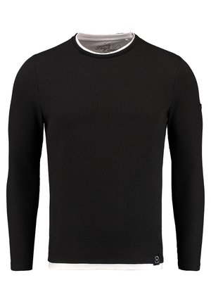 Czarna koszula z długim rękawem o strukturalnej, prążkowanej tkaninie, z kontrastowym białym wewnętrznym kołnierzykiem i małym logo w pobliżu brzegu.