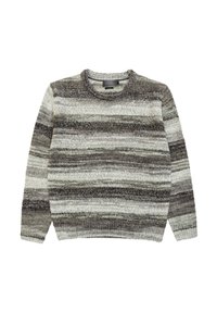 Flauschiger Strickpullover mit horizontalen Streifen in Grau-, Weiß- und Beigetönen. Crewneck-Design mit gerippten Bündchen und Saum.