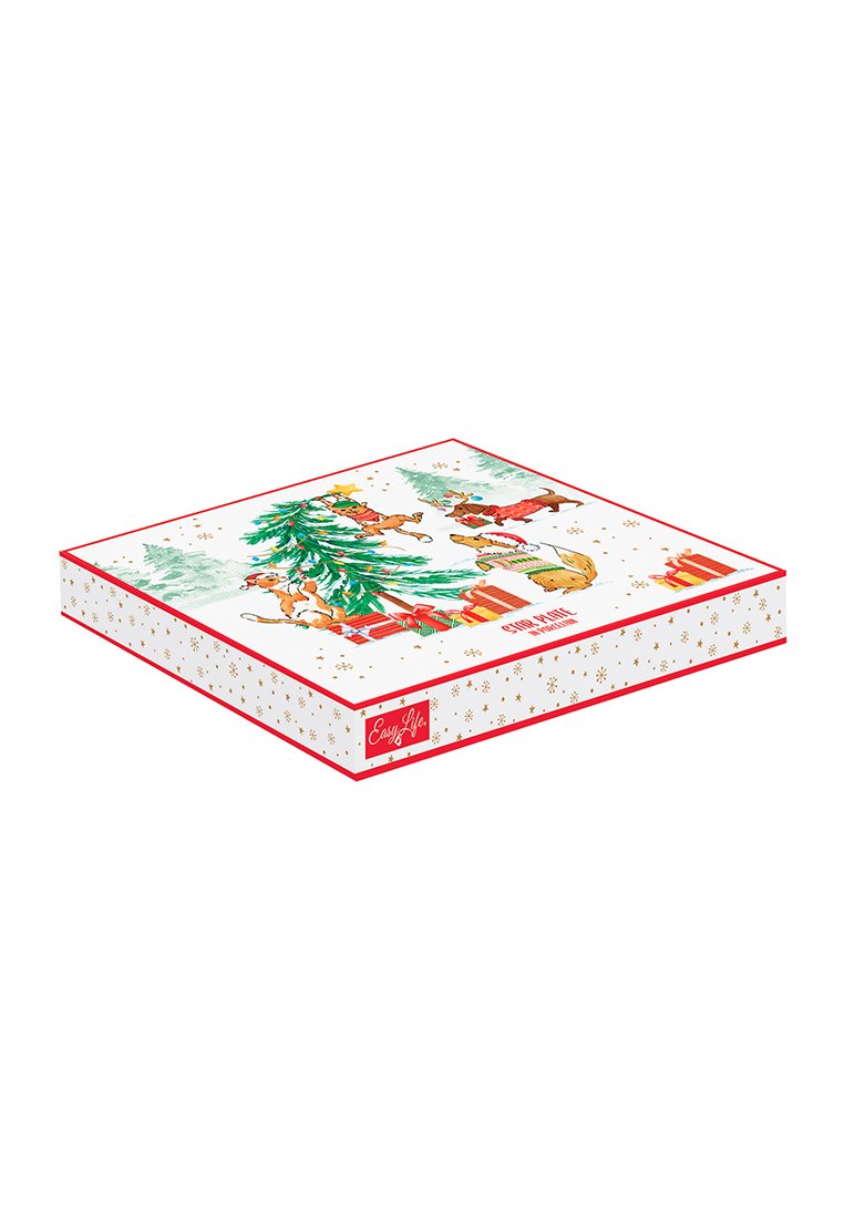 Caja de regalo navideña con una colorida ilustración de un árbol, animales y regalos, con un borde rojo y acentos decorativos en dorado.