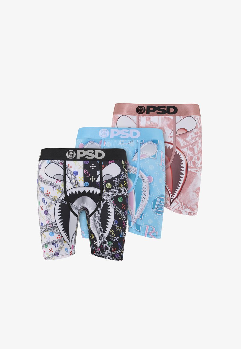 Drie PSD merk boxershorts met haaienbekgrafieken; kleuren zijn zwart met kettingen, lichtblauw met bubbels, en roze met dollarscobels.