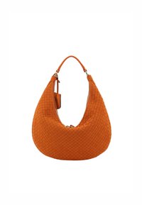 Orange geflochtene Handtasche mit geschwungener Silhouette, ausgestattet mit einem einzelnen Tragegurt und einem Reißverschlussverschluss. Weiche Textur und sichtbare Akzentbeschläge.