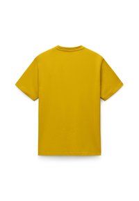 Gul bomulds T-shirt, korte ærmer, rund hals, glat tekstur, enkel design uden mønstre eller aksenter. Vist fra bagsiden.