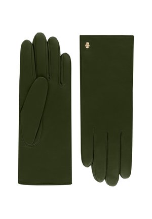 Olive green leather gloves featuring a sleek design, three seams on the back, and a small gold emblem near the wrist.