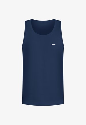 Marineblauwe mouwloze tanktop van gladde stof; heeft een subtiele zilveren logoaccent aan de voorkant.