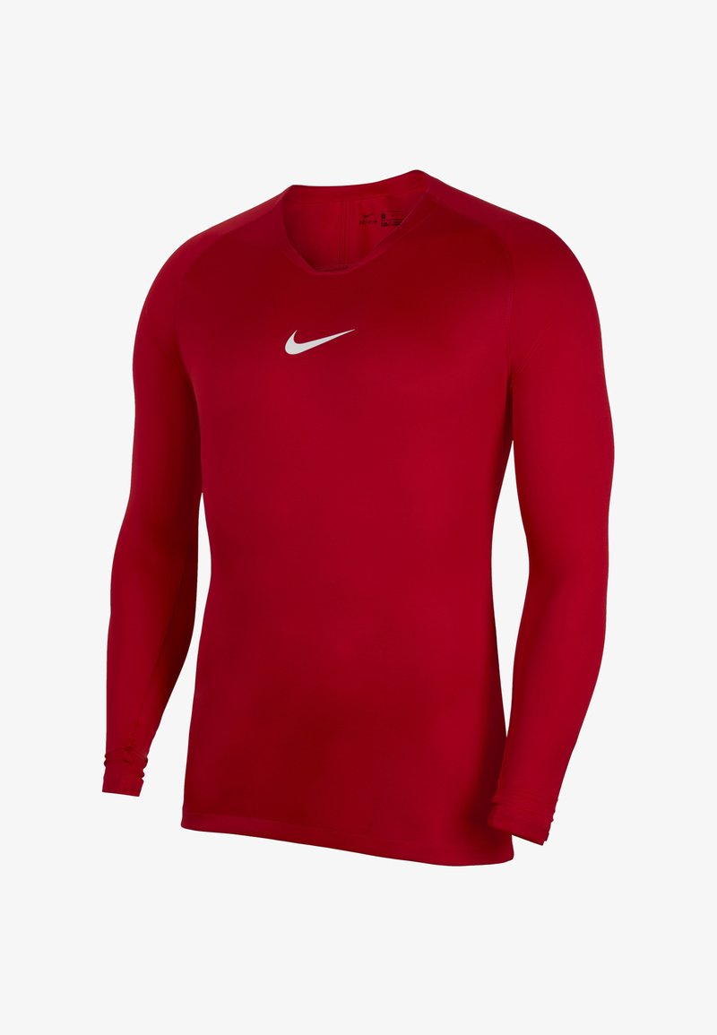 Maglietta sportiva rossa a maniche lunghe realizzata in tessuto morbido, con scollatura a girocollo e logo Nike bianco riflettente sul petto.