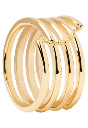 Goldfarbene Mehrbandring mit fünf glatten, abgerundeten Bändern, die durch eine zarte Kette verbunden sind. Reflektierende Oberfläche mit polierter Textur.
