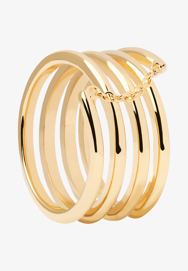 Goldfarbene Mehrbandring mit fünf glatten, abgerundeten Bändern, die durch eine zarte Kette verbunden sind. Reflektierende Oberfläche mit polierter Textur.