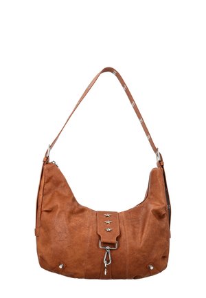 Braune Leder-Umhängetasche mit silbernen Sternnieten auf der vorderen Klappe, Metallverschluss und verstellbarem Riemen mit Metallschnallen.