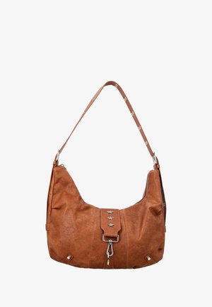 Borsa a tracolla in pelle marrone con borchie a forma di stella argentate sulla patta anteriore, chiusura in metallo e tracolla regolabile con fibbie metalliche.