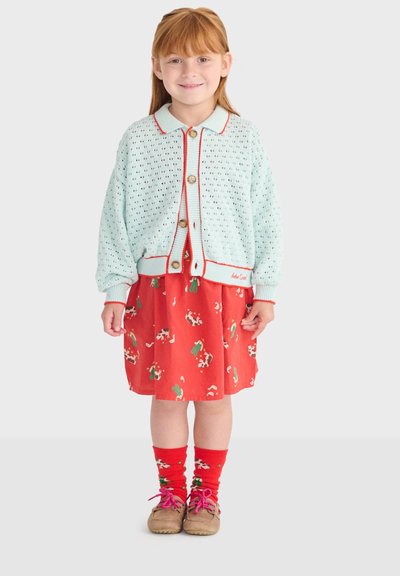 Jeune fille aux cheveux roux portant un cardigan bleu clair, une robe rouge à imprimé animal, des chaussettes rouges et des chaussures marron, debout et souriante.