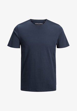 Navy blue cotton t-shirt with a crew neck, short sleeves, and a straight cut. Features a small logo tag at the lower side.