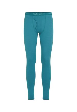 Teal-farbene, volle Länge Thermoleggings für Männer mit einem Frontreißverschluss und einem elastischen Bund mit der Marke "icebreaker".