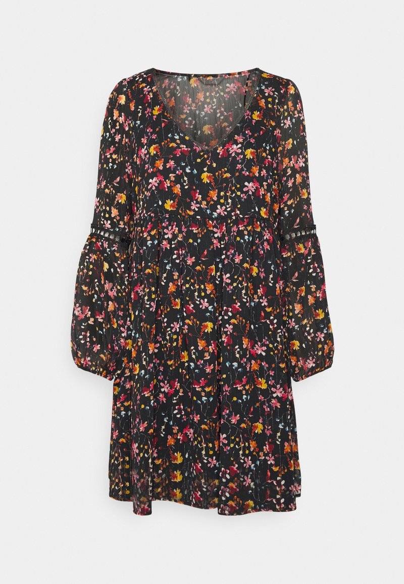 Robe noire à manches longues avec un col en V et une coupe ample, recouverte d'un imprimé floral coloré avec des fleurs roses, orange et jaunes.