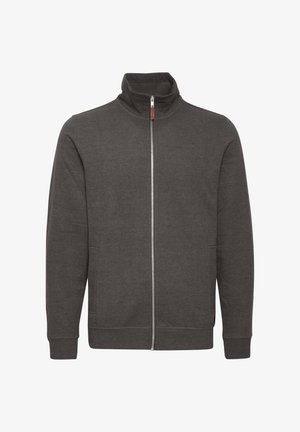 Siva jakna sa patentnim zatvaračem i visokim ovratnikom, izrađena od mekanog materijala, s dva bočna džepa i rebrastim manžetama i donjim rubom.