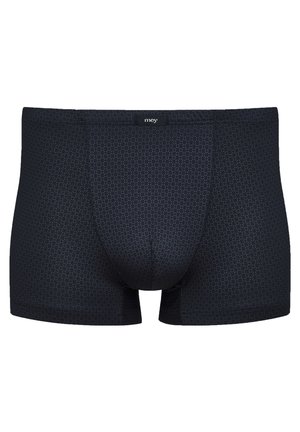 Dunkelblaue Boxerbriefs aus weichem Material, mit einem dezenten geometrischen Muster, elastischem Bund mit Branding und einer engen Passform.