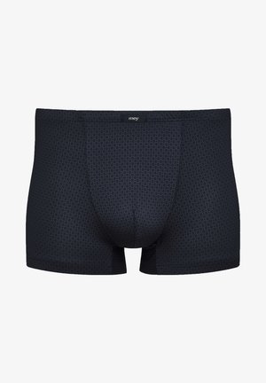 Dark navy boxer briefs made from soft material, featuring a subtle geometric pattern, elastic waistband with branding, and a snug fit.