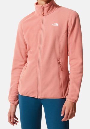 Kobieta nosząca jasnoróżową polarową kurtkę na zamek błyskawiczny z zasuwanymi kieszeniami i logo The North Face na piersi, w zestawieniu z niebieskimi spodniami.