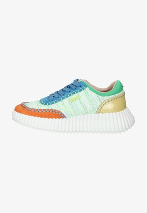 Colorful sneaker featuring a textured knit upper in green, blue, and orange, with a ridged white sole and stitched accents.