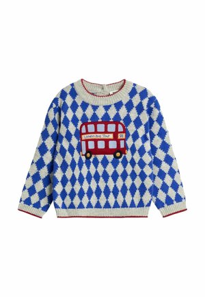 Blau-weißer Pullover mit Rautenmuster, der einen roten Doppeldeckerbus mit dem Text "London Bus Tour" auf der Brust zeigt.