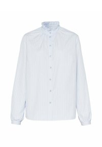 Light blue button-up shirt with vertical white stripes, high ruffled collar, long puffed sleeves, and round buttons down the front.