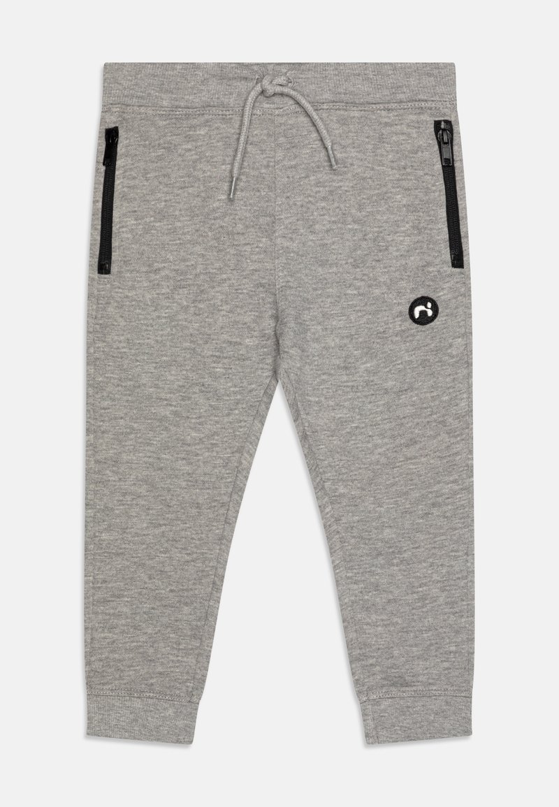 Gray sweatpants made of soft cotton, featuring black zippered pockets and a small black logo on the left leg. Elastic waistband with drawcord.