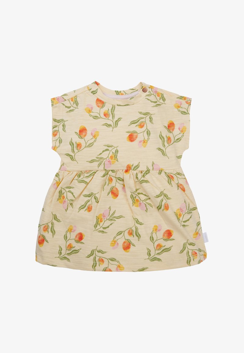 Gelbes Blumenkleid mit kurzen Ärmeln, Rundhalsausschnitt und einem gerafften Rock mit orangefarbenen, rosa und grünen Blumenmustern.