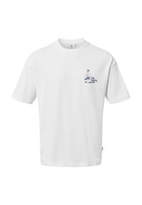 White cotton t-shirt with short sleeves, round neck. Front features a blue cartoon character with "TOG TWENTY FOUR" text below.