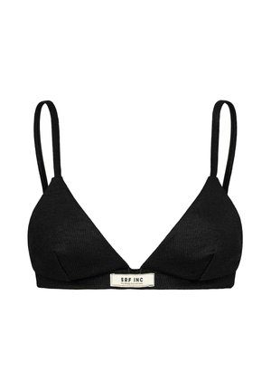 Czarny prążkowany trójkątny top bikini z cienkimi regulowanymi ramiączkami i białą metką marki SRF INC na środku paska.