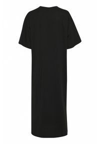 Black cotton T-shirt dress, short sleeves, relaxed fit, knee-length, smooth texture with a simple design, no patterns or embellishments.