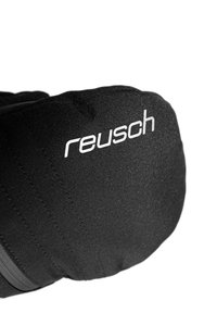 Schwarzer Skihandschuh aus Stoff mit gepolstertem Material, mit dem weißen "reusch"-Logo. Glatte Textur mit eingelegten Nähdetails.