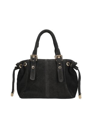 Zwarte suède handtas met gouden hardware-accenten, gestructureerde vorm, dubbele bovenhandvatten en verstelbare trekkoordzijden voor een aanpasbare uitstraling.