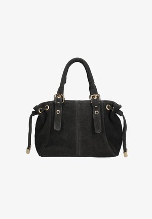 Borsa in suede nera con dettagli in metallo dorato, forma strutturata, due manici superiori e lati regolabili con cordoncino per un look personalizzabile.