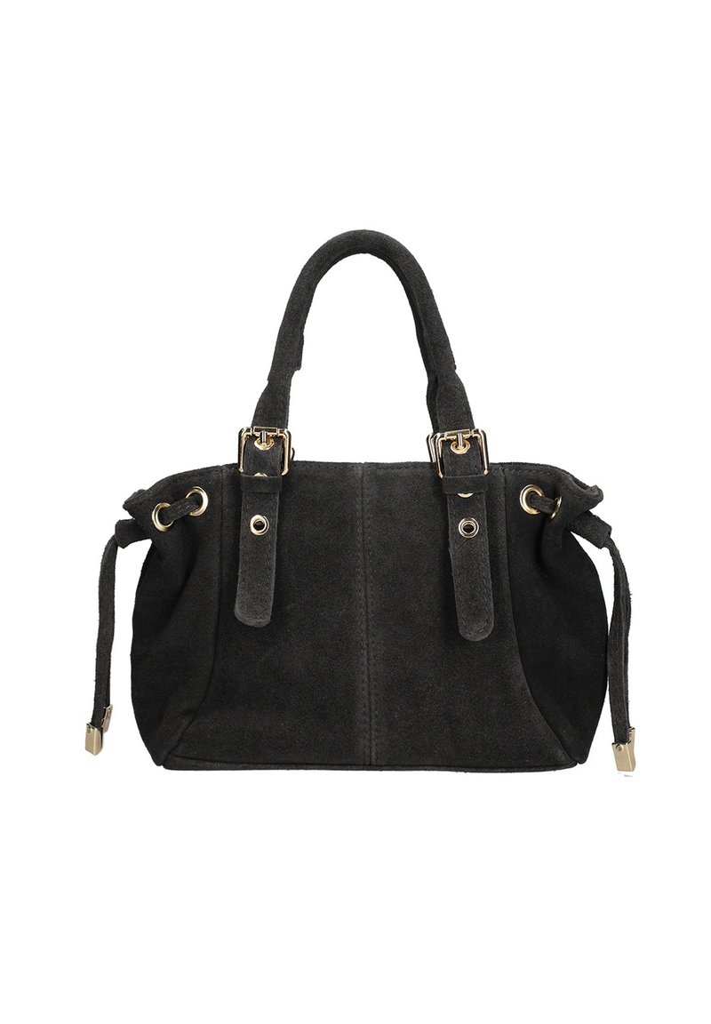 Sac à main en suède noir avec des accents en matériel doré, forme structurée, double anses supérieures et côtés à cordon de serrage réglables pour un look personnalisable.