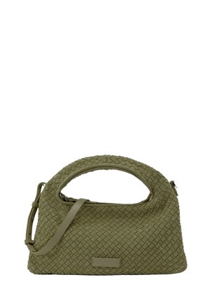 Olive green woven handbag with rounded handle, adjustable shoulder strap, and top zipper closure.