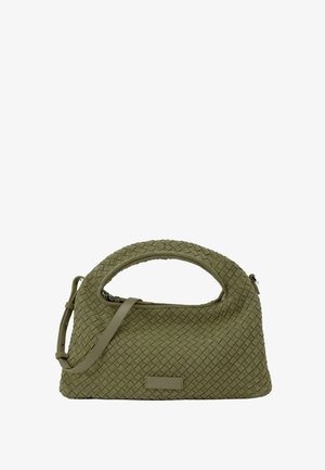 Olive green woven handbag with rounded handle, adjustable shoulder strap, and top zipper closure.