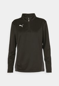 Zwarte lichtgewicht pullover met lange mouwen, opstaande kraag, kwart ritssluiting, wit logo op de borst en contrasterende grijze zijkanten.