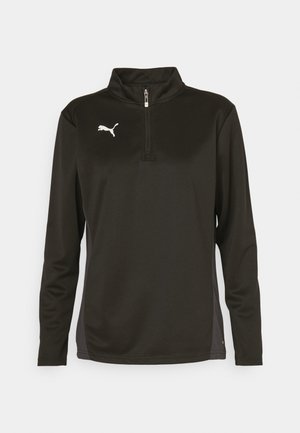 Pullover leggero nero a maniche lunghe con colletto rialzato, zip a quarto di pollice, logo bianco sul petto e pannelli laterali grigi in contrasto.