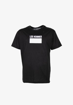 Black short-sleeve T-shirt with white "LES HOMMES" text and blank white rectangular graphic on the chest.