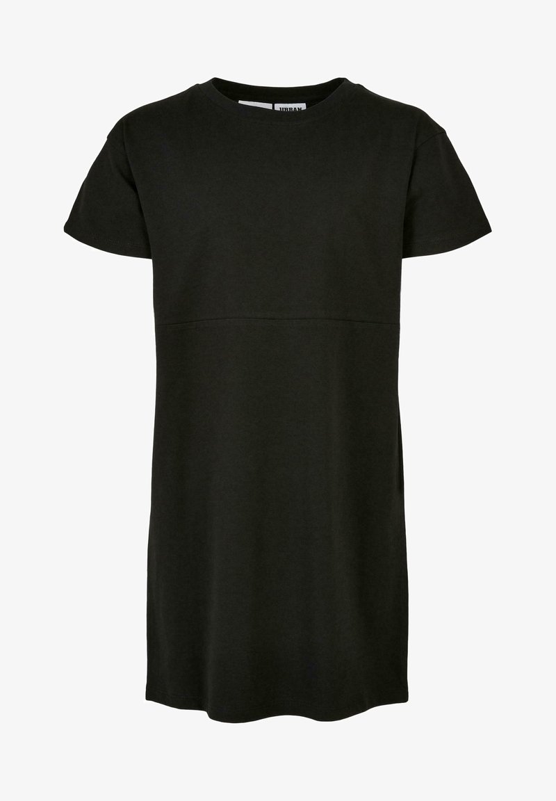 Robe courte noire à manches courtes avec un col rond et un détail de couture sous la poitrine.