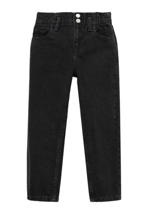 Jean en denim noir taille haute avec taille élastique, deux boutons argentés, passants pour ceinture et poches avant, présenté sur fond blanc.