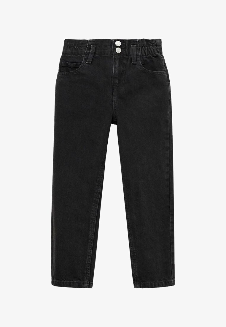 Jean en denim noir taille haute avec taille élastique, deux boutons argentés, passants pour ceinture et poches avant, présenté sur fond blanc.