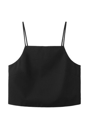 Top negru scurtat tip camisole cu bretele duble subțiri pe umăr și decolteu drept.