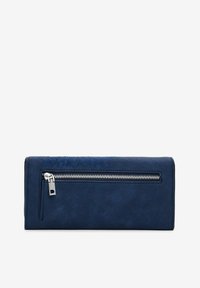 Marineblaues Lederportemonnaie mit filigraner floraler Stickerei und silbernem Reißverschluss. Kompakte rechteckige Form, glatte Textur und klares Design.